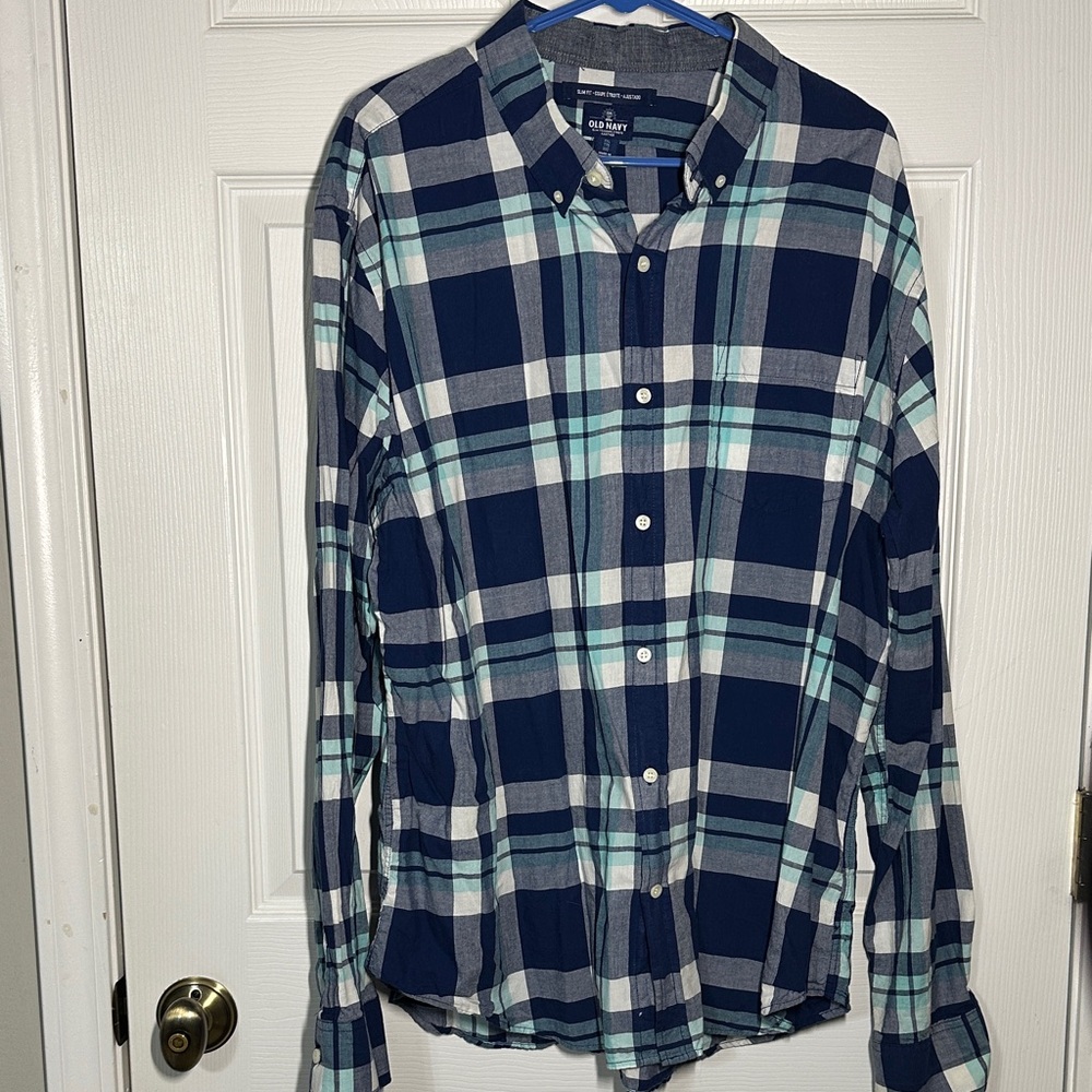 Old Navy Men's Blue and White Checkered Shirt 2XL Slim Fit